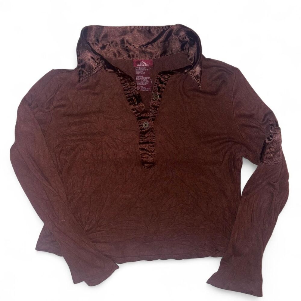 Vintage Y2K Jordache Women's Satin Trim Brown Blouse